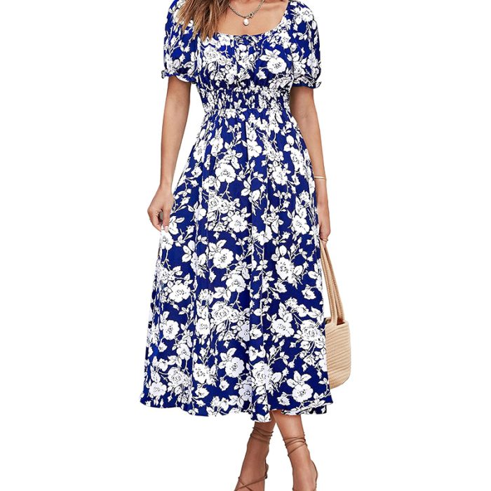 Short Sleeve Smocked Waist A-Line Midi Dresses