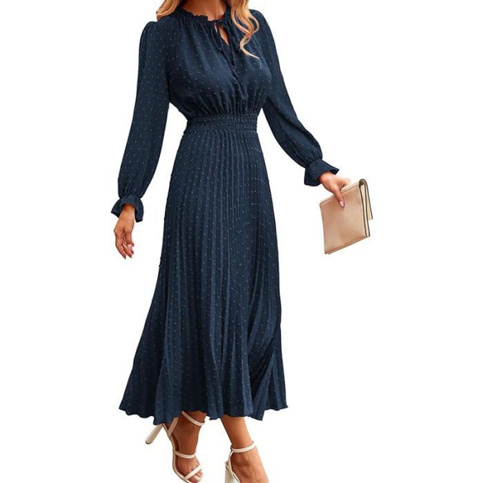 Fall Midi Dress Casual Long Sleeve V Neck Swiss